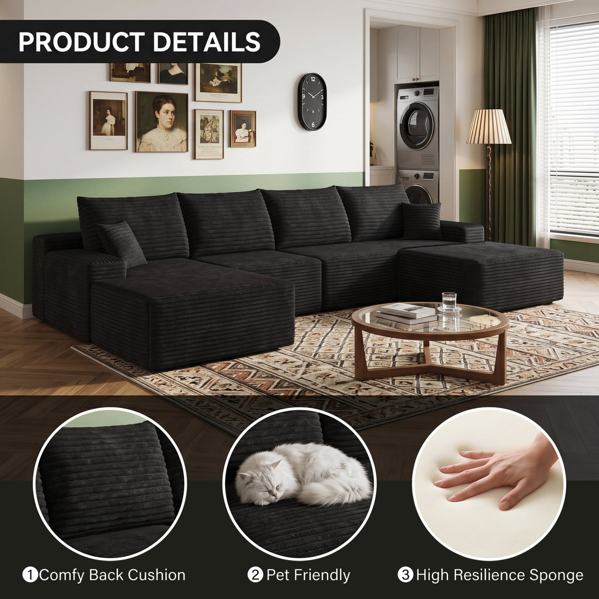 CKEASEAN 135" Corduroy Oversized U Shaped Modular Cloud Couch Sectional, Boneless Sectional Sofa with Left Facing Chaise & Ottoman, Compressed Boneless Couch for Living Room, No Assembly Required