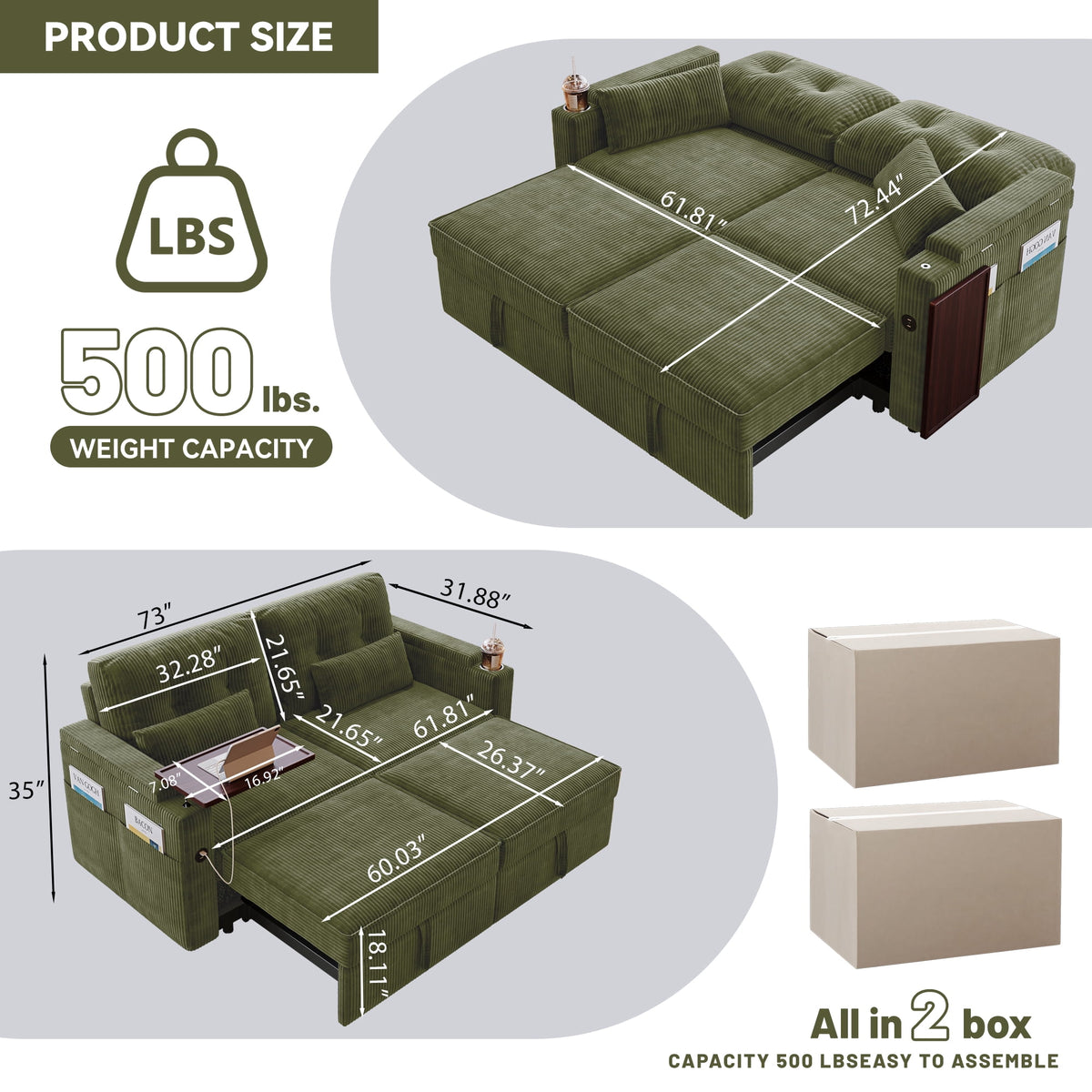 73" Queen Size Sofa Bed, Loveseat Sleeper Sofa with Pull Out Bed, 360° Swivel Table and USB, Modern 2 Seater Convertible Corduroy Couch for Living Room Bedroom Apartment, Green