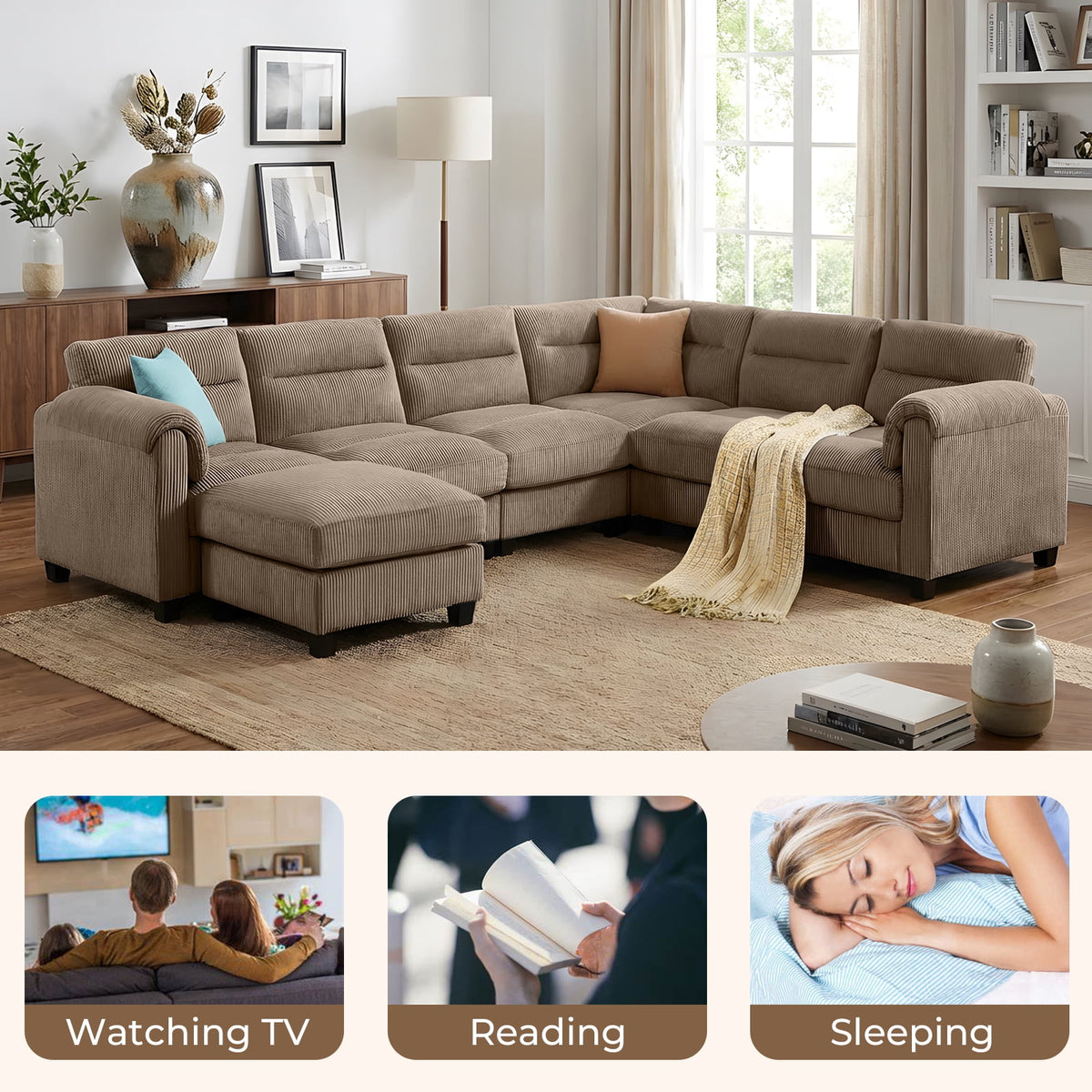  Convertible Modular Padded Sectional Sofa Couch with Foam Frame & Ottoman for Living Room - Taupe