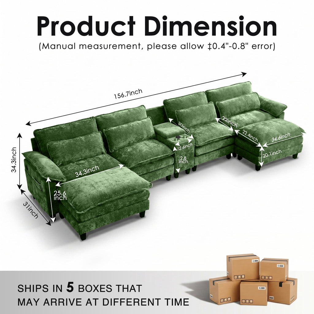 AISWORD 157" U Shaped Cloud Couch Sectional, Oversized Modular Sofa with USB Charging, Hidden Storage, Cup Holders & Double Chaise for Living Room, Green