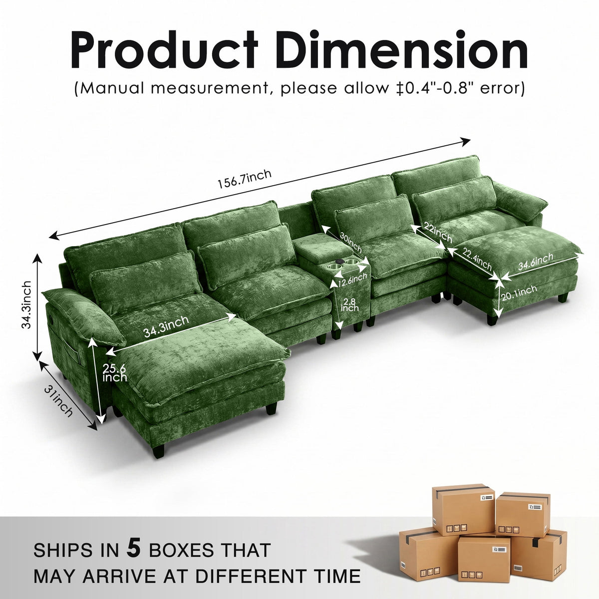 AISWORD 157" U Shaped Cloud Couch Sectional, Oversized Modular Sofa with USB Charging, Hidden Storage, Cup Holders & Double Chaise for Living Room, Green