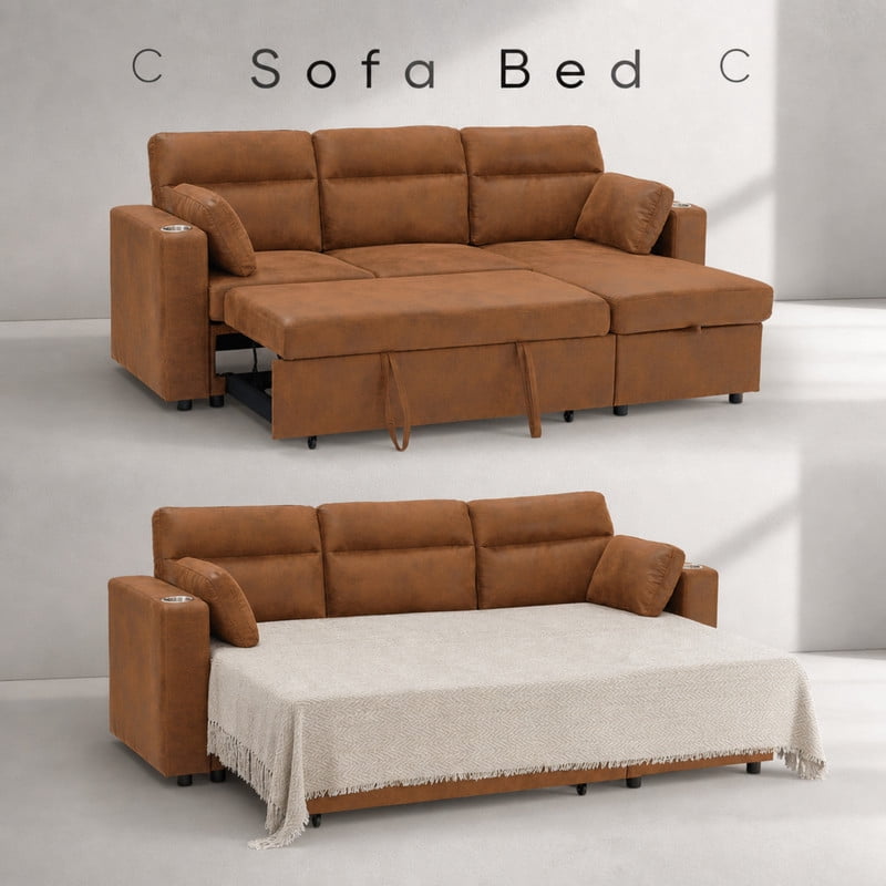 82.5" L-Shaped Convertible Sleeper Sofa, Pull-Out Sectional Sofa Bed with Storage Chaise, Cup Holders & 2 Lumbar Pillows, Modern Sofa Couch for Living Room, Apartment
