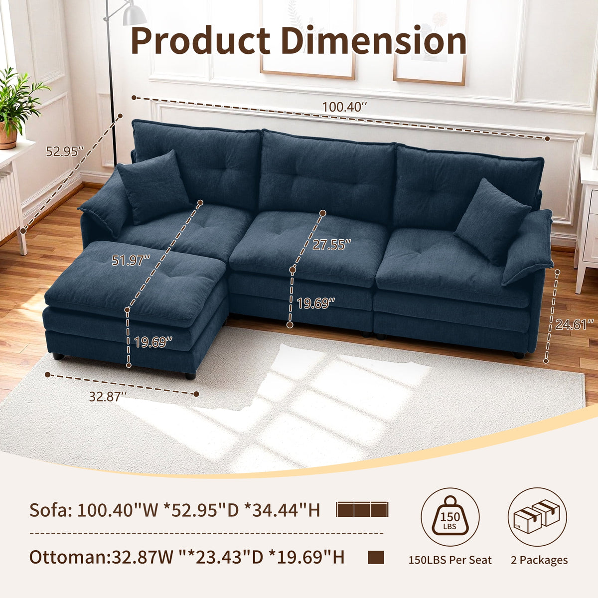 Korser L Shaped Modern Sofa with Movable Ottoman Convertible Modular Sectional Cloud Couch with Deep Seat & Pillow,Chenille 3-Seat Couches for Living Room,Assembly Required,Blue