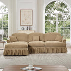 Modular L Shaped Sectional Couch with Ottoman, Chaise Lounge Sofa with Removable Ruffles Pleats Skirts, 3-Seat Deep Seat Sofa for Living Room, Light Coffee
