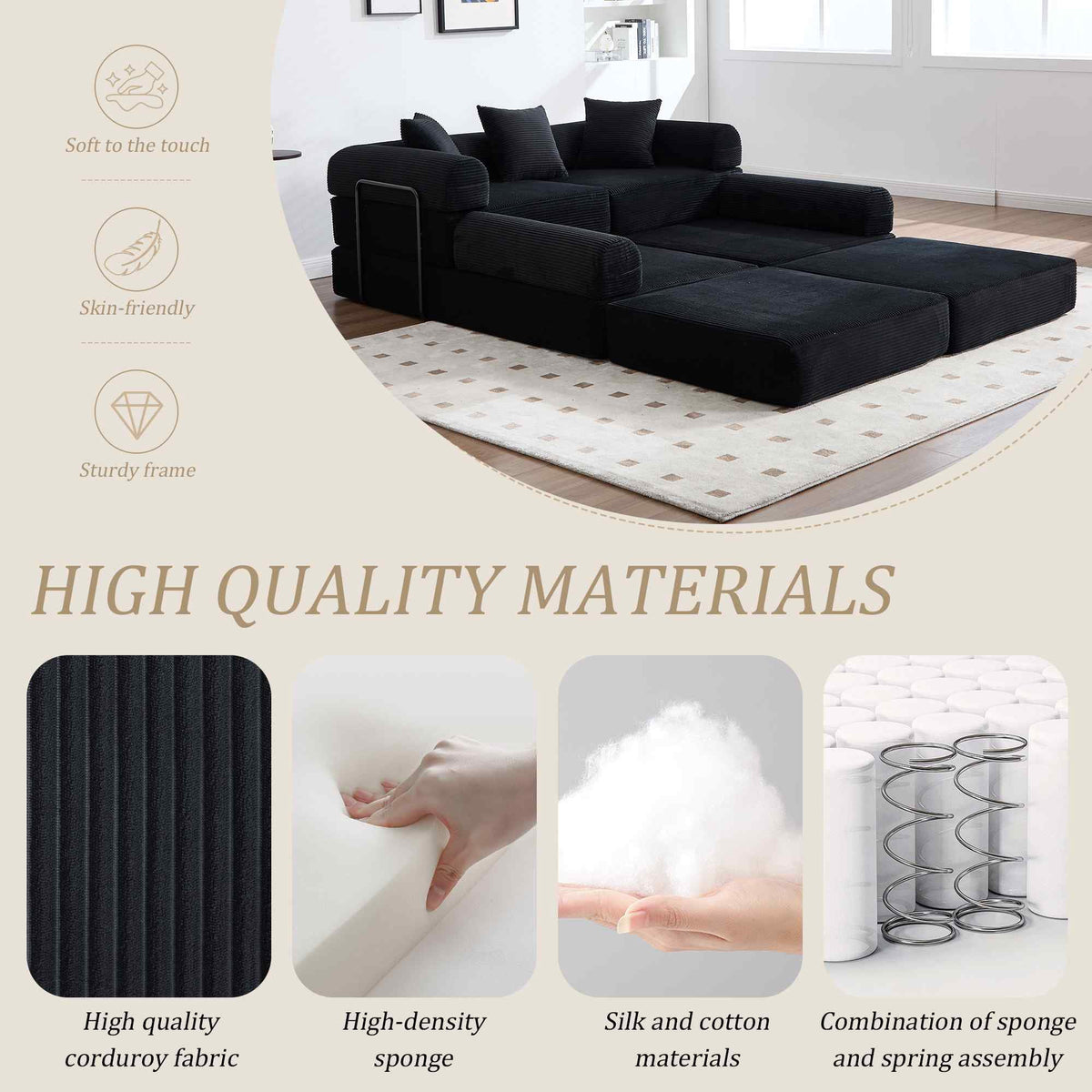 Timbernest 106" Oversized L-Shaped Cloud Couch, Convertible Sleeper Sofa, Folding Corduroy Sofa Bed for Living Room, Black