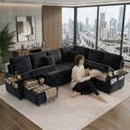 EPOWP 108" Modular Sectional Sleeper Sofa,7-Seater L-Shaped Pull Out Sofa Bed with Adjustable Backrest, Side Table & Charging Ports, Chenille Upholstered Sectional Couch for Living Room,Black