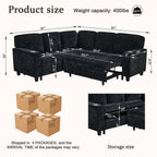  L-Shaped Sofa with Pull Out Sofa Bed, Sleeper Sofa Couch Bed with Storage Seat, 5 Seat Sectional Sofa Bed with USB, Sectional Sofa Couch for Living Room, Apartment,Black