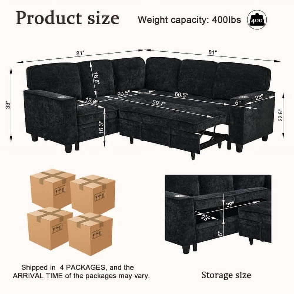  L-Shaped Sofa with Pull Out Sofa Bed, Sleeper Sofa Couch Bed with Storage Seat, 5 Seat Sectional Sofa Bed with USB, Sectional Sofa Couch for Living Room, Apartment,Black