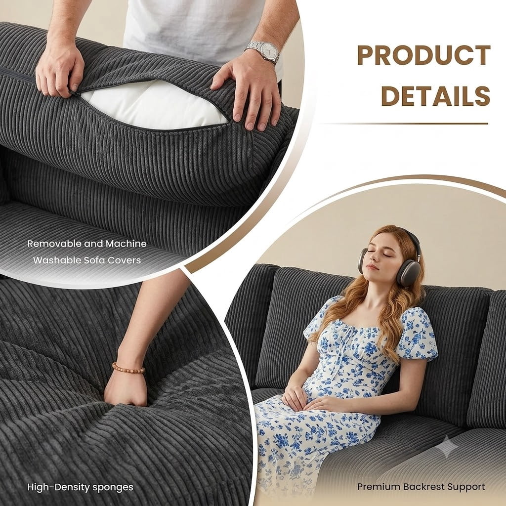  Cloud Couch Modular Sectional Sofa 6 Seat 122" L Shaped Reversible Convertible Couch, Corduroy Thick Cushion with Movable Ottomans, Washable Removable Cover for Living Room,Black