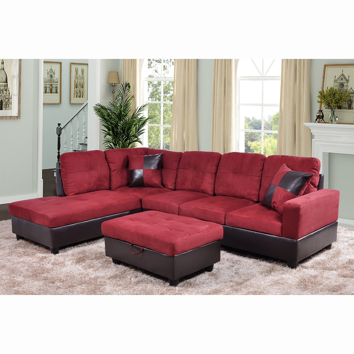 Hommoo Flannel&PVC L Shaped Sectional Sofa, Sectional Couch Sofa, Modern Living Room Furniture Sets, Red(No Ottoman)