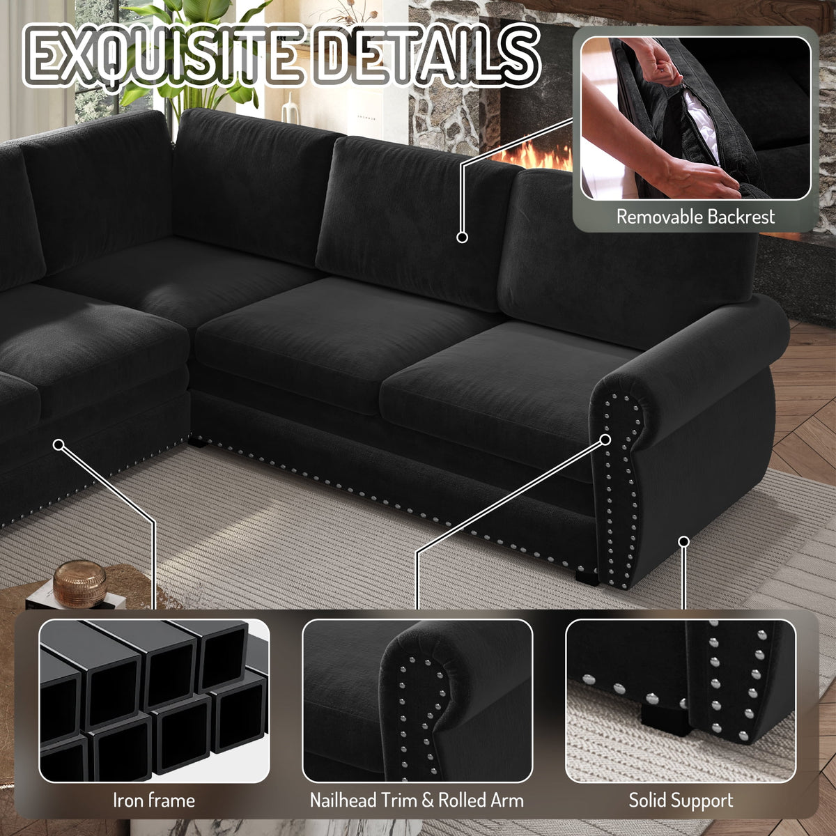  Sectional Sofa Couch, Oversized Chenille Sofa with Pull Out Sofa Bed for Living Room Black