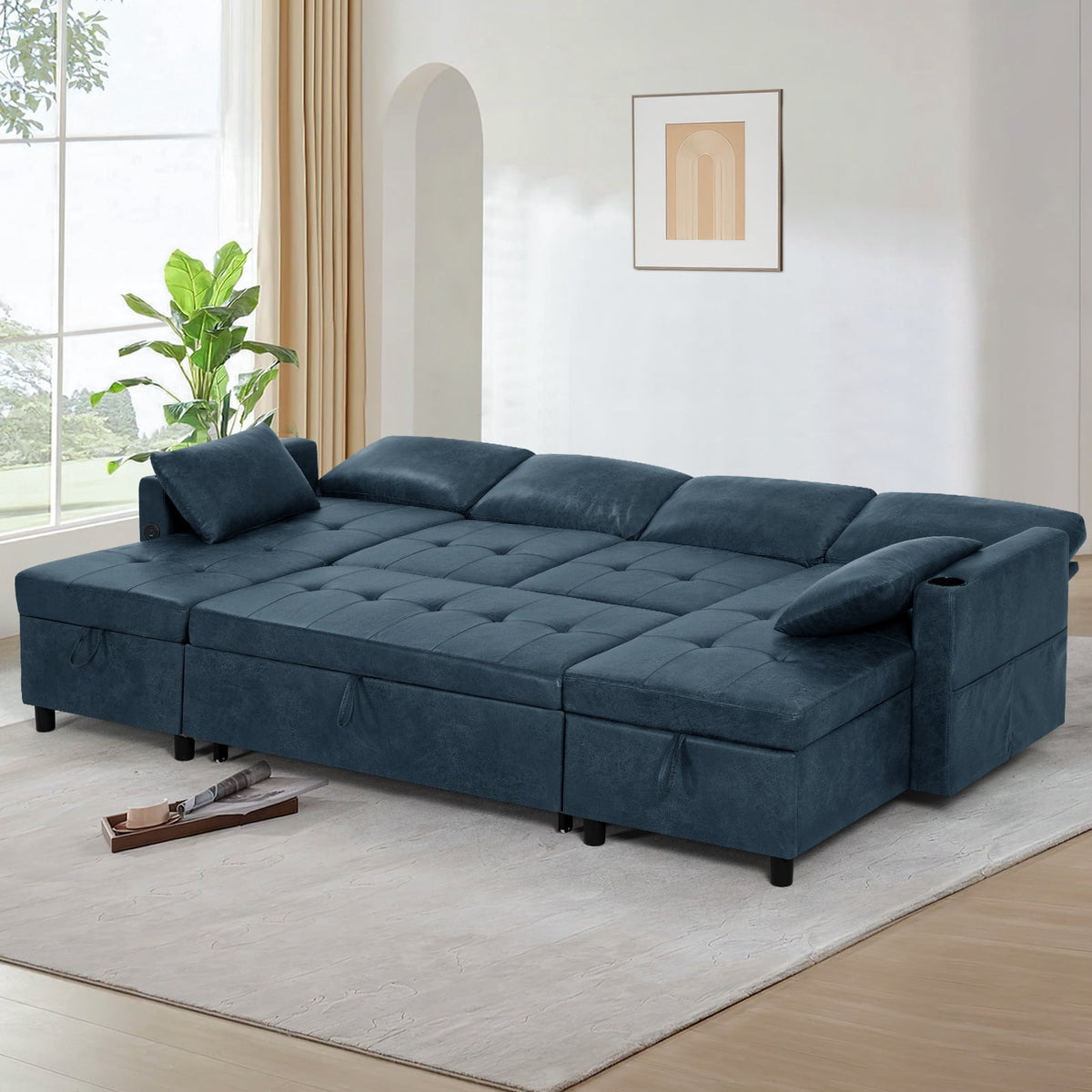 ACMEASE 108" Suede Leather Sectional Sofa w/Adjustable Backrests, Pull Out Sofa Bed w/USB Charger Port& Reversible Storage Chaise,Convertible U-Shaped Sofa with Cup Holders for Living Room,Blue