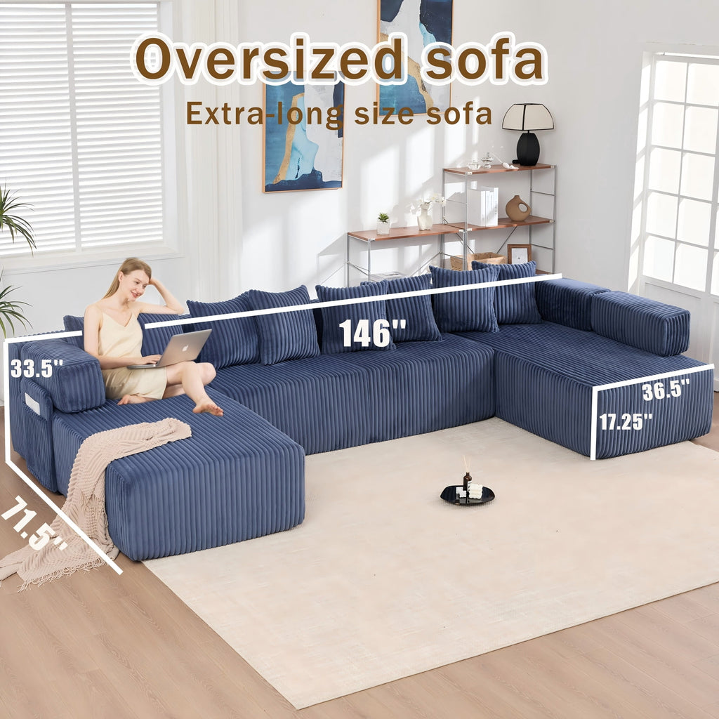  146" Sectional Sofa, U Shaped Sectional Couch with Chaise, 5 Seat Corduroy Sofa Convertible Sleeper Sofa Bed for Living Room Blue