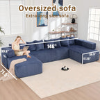  146" Sectional Sofa, U Shaped Sectional Couch with Chaise, 5 Seat Corduroy Sofa Convertible Sleeper Sofa Bed for Living Room Blue