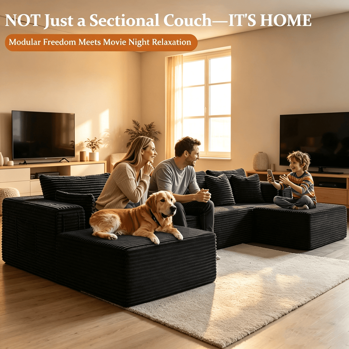 Rwcoet 108"Modular Cloud Sectional Sofa with Chaise,Extra Deep Seat Corduroy Couch,Memory Foam,No Assembly,Living Room & Apartment,Black