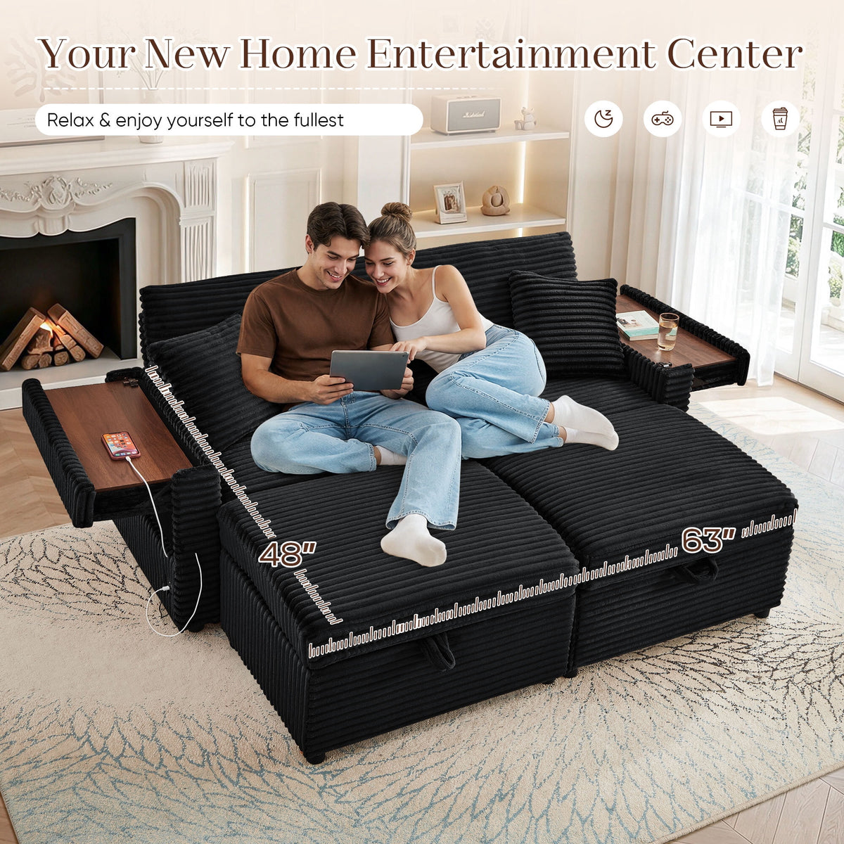 Muumblus Loveseat Sectional Sofa with 2 Storage Ottomans, Modular Cloud Couch with 2 Side Tables & USB, Plush Double Chaise Lounge Sofa Bed Indoor, Black Corduroy