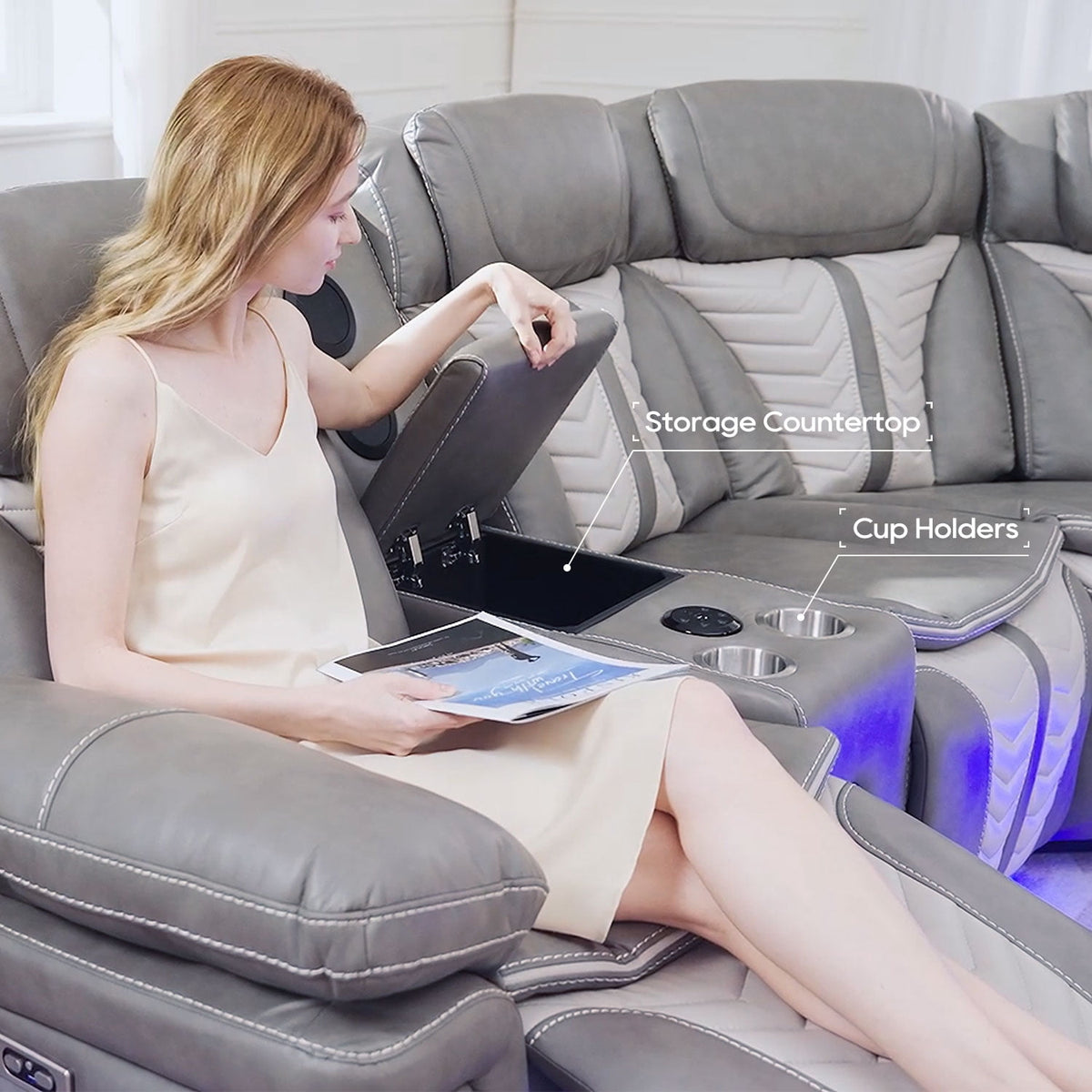 Power Reclining L-Shaped Sectional Sofa with LED Lights, Speakers, Cup Holders, Grey Faux Leather