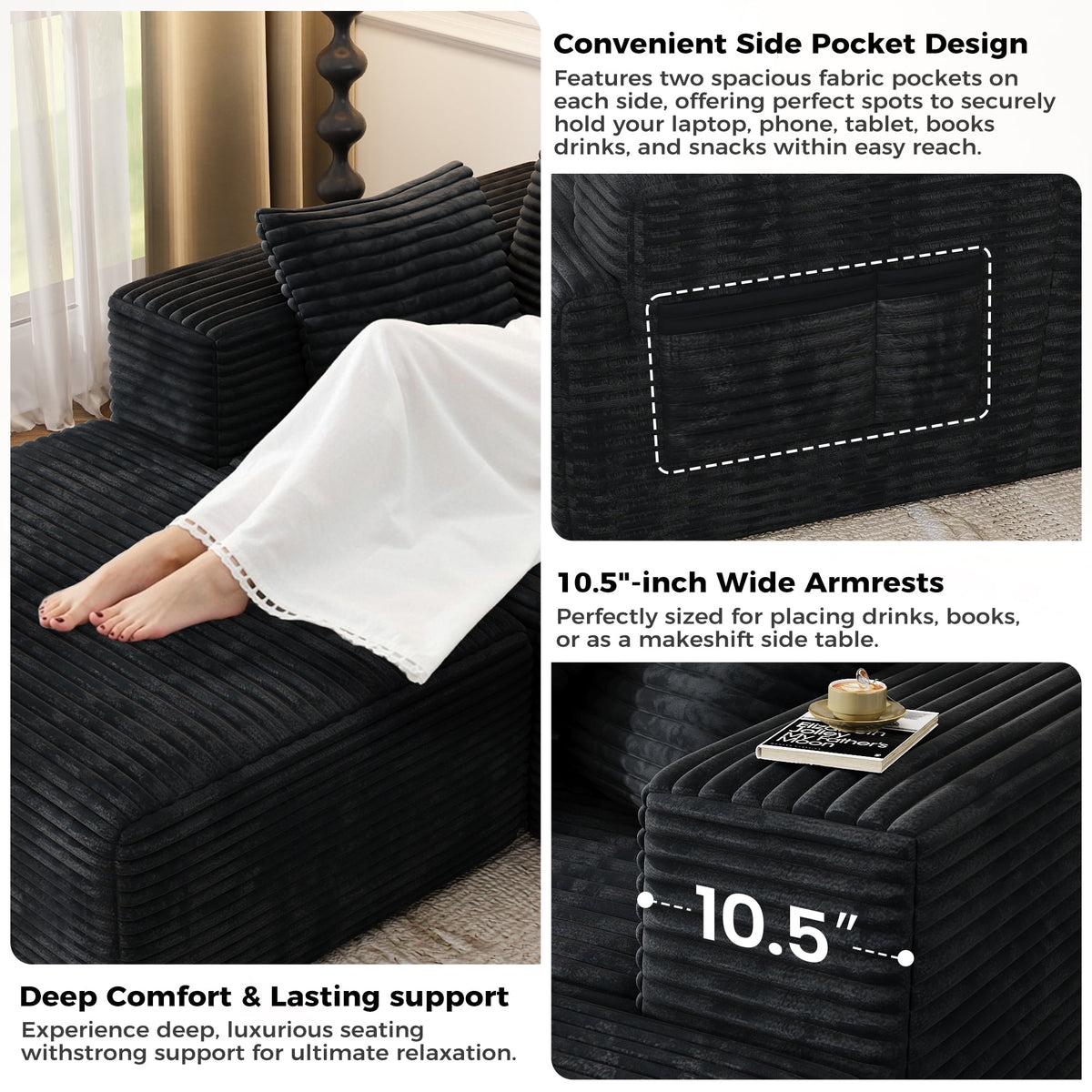 104 Modular L-Shaped Sectional Sofa with Chaise - No Assembly Required Boneless Corduroy Couch, High Resilience Foam, Deep Black