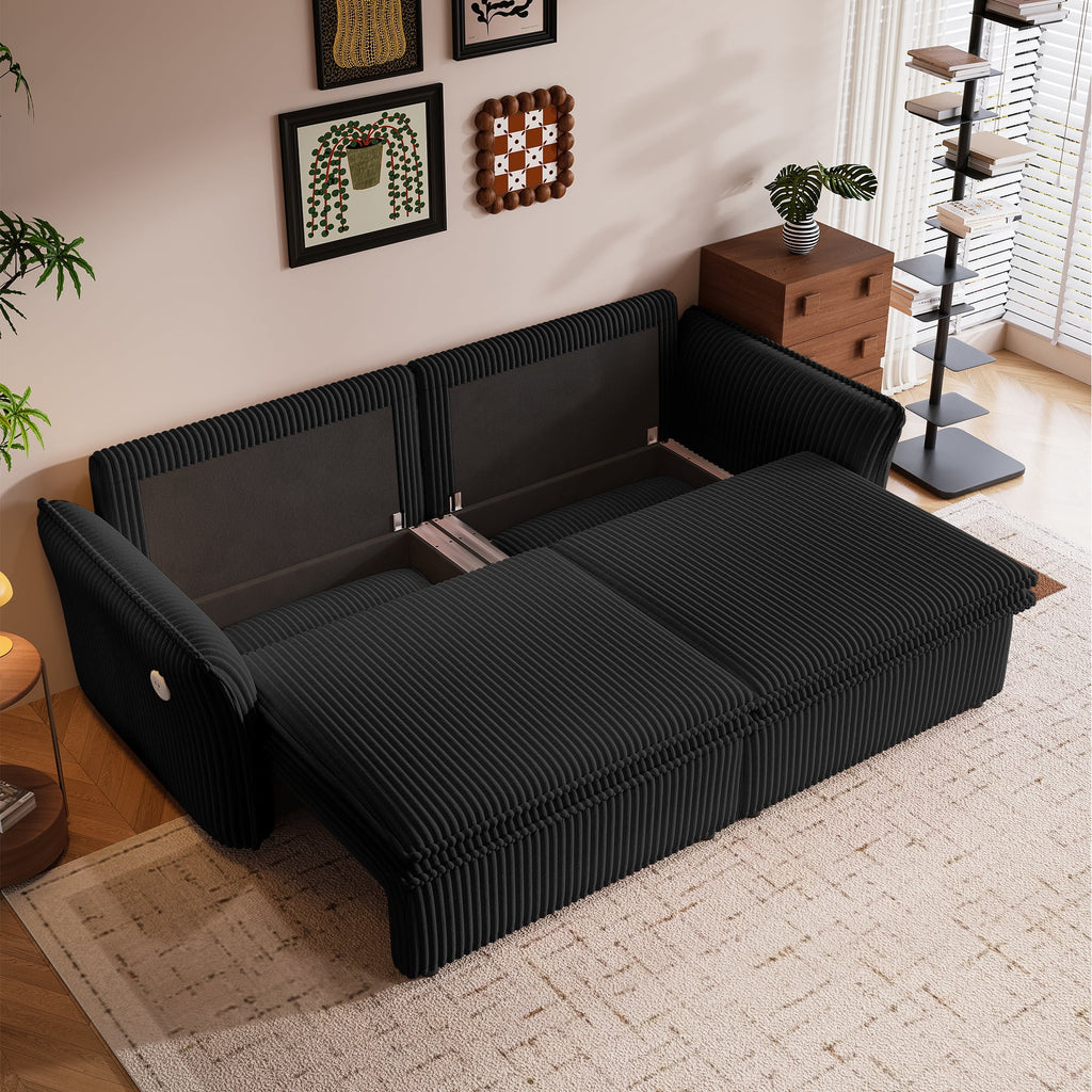  Pull Out Sofa Bed Queen Size, 85" Loveseat Sofa with Movable Ottoman, USB Charging Port, Corduroy Sofa Couch Convertible Sofa Bed for Living Room Black
