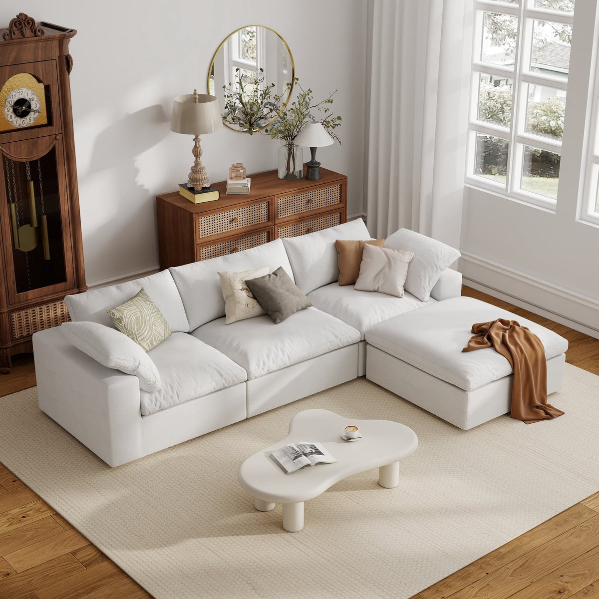 The Magic Home 118" Sofa Couch, Cloud Modular Sectional Sofa with Removable Storage Ottoman, L Shaped Linen Modern Comfy for Living Room, Apartment, Office, DIY Combination, 3 Seater White Couch