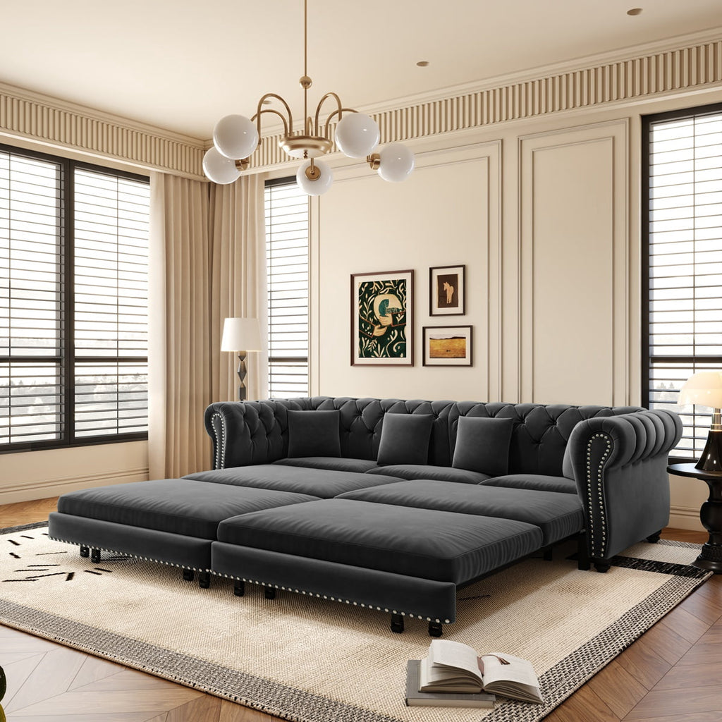 89'' Pull Out Sofa Bed King, Chesterfield Velvet Sleeper Sofa, Convertible L-Shaped Futon Couch, Tufted Back, 4 Pillows, Ottoman, Deep Seat Loveseat Couches for Living Room, Apartment, Gray