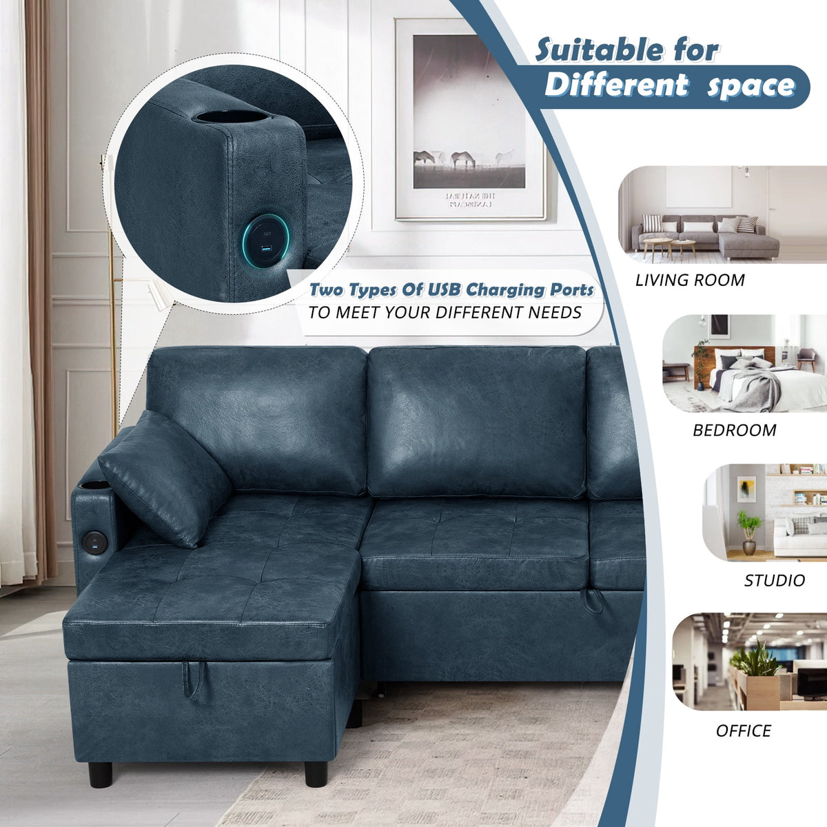 ACMEASE 108" Suede Leather Sectional Sofa w/Adjustable Backrests, Pull Out Sofa Bed w/USB Charger Port& Reversible Storage Chaise,Convertible U-Shaped Sofa with Cup Holders for Living Room,Blue
