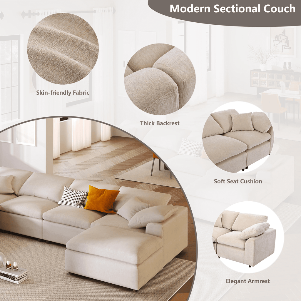 GNIXUU 7-Seater Oversized Modular Sectional Sofa Couch,Chenille Cloud Corner Sofa Modern U-Shaped Comfy Couches with Ottoman for Living Room, Office,Spacious Space,Beige