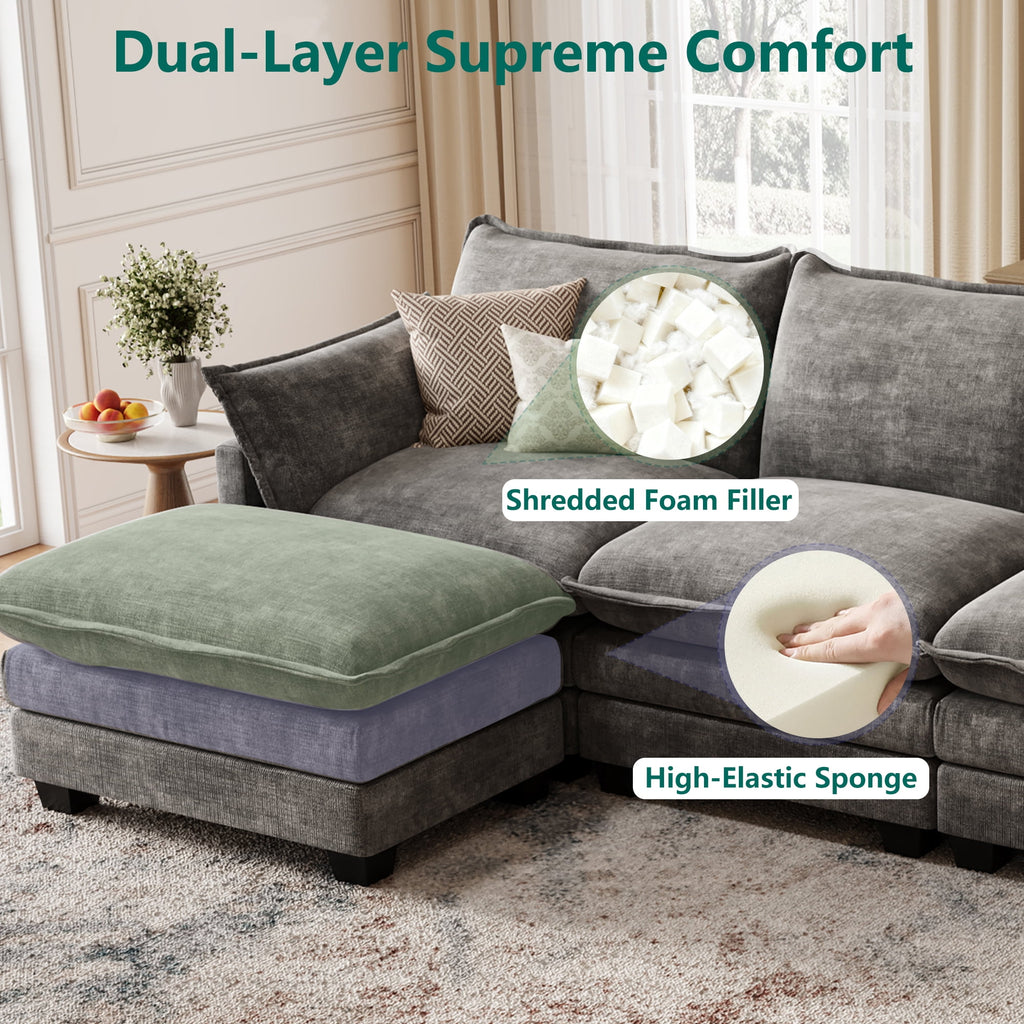DoMaDing U Shaped Modular Sectional Sofa, 116" Couch with Movable Ottoman, Comfy Chenille Sofa with Pillows for Living Room, Sturdy Frame, Dark Gray