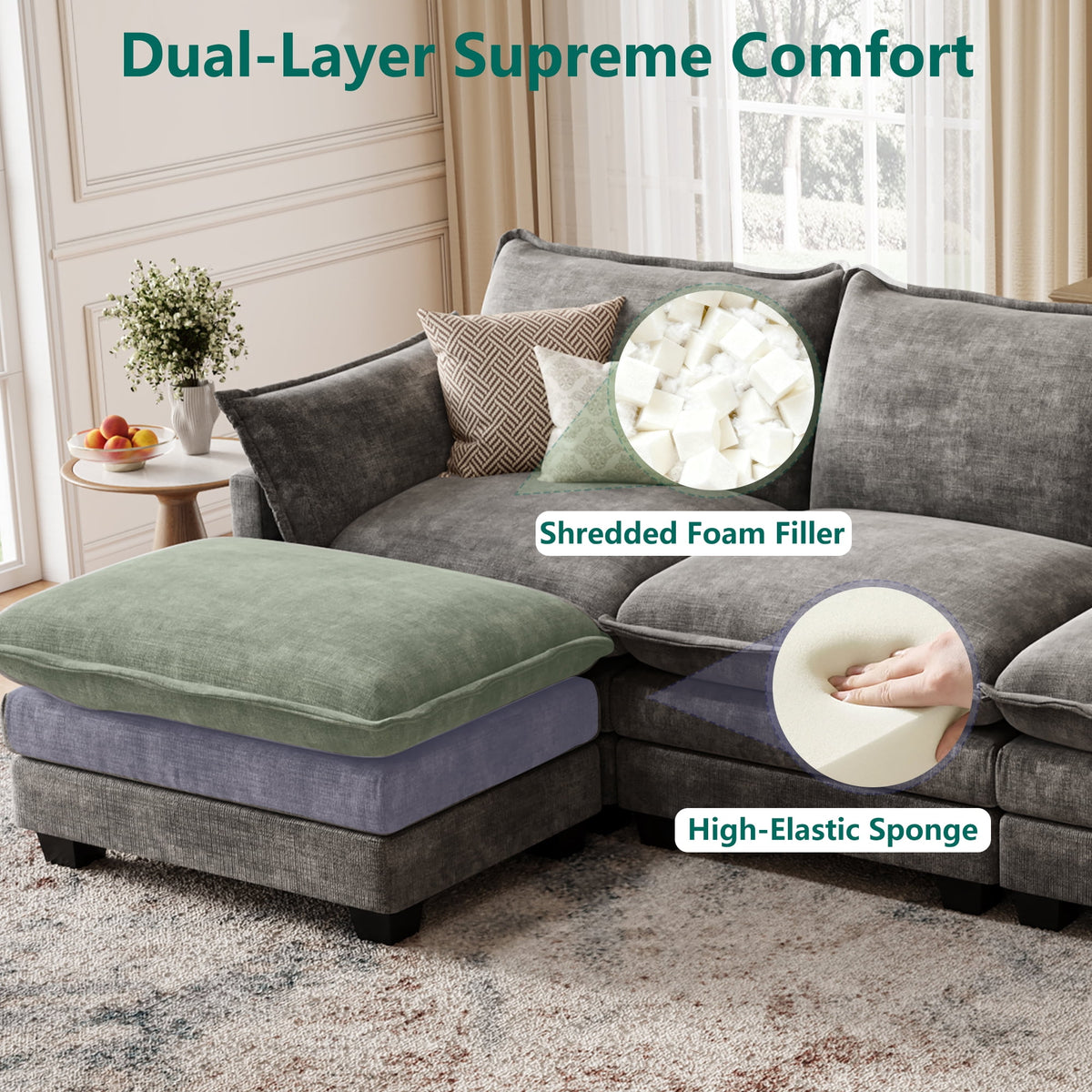 DoMaDing U Shaped Modular Sectional Sofa, 116" Couch with Movable Ottoman, Comfy Chenille Sofa with Pillows for Living Room, Sturdy Frame, Dark Gray