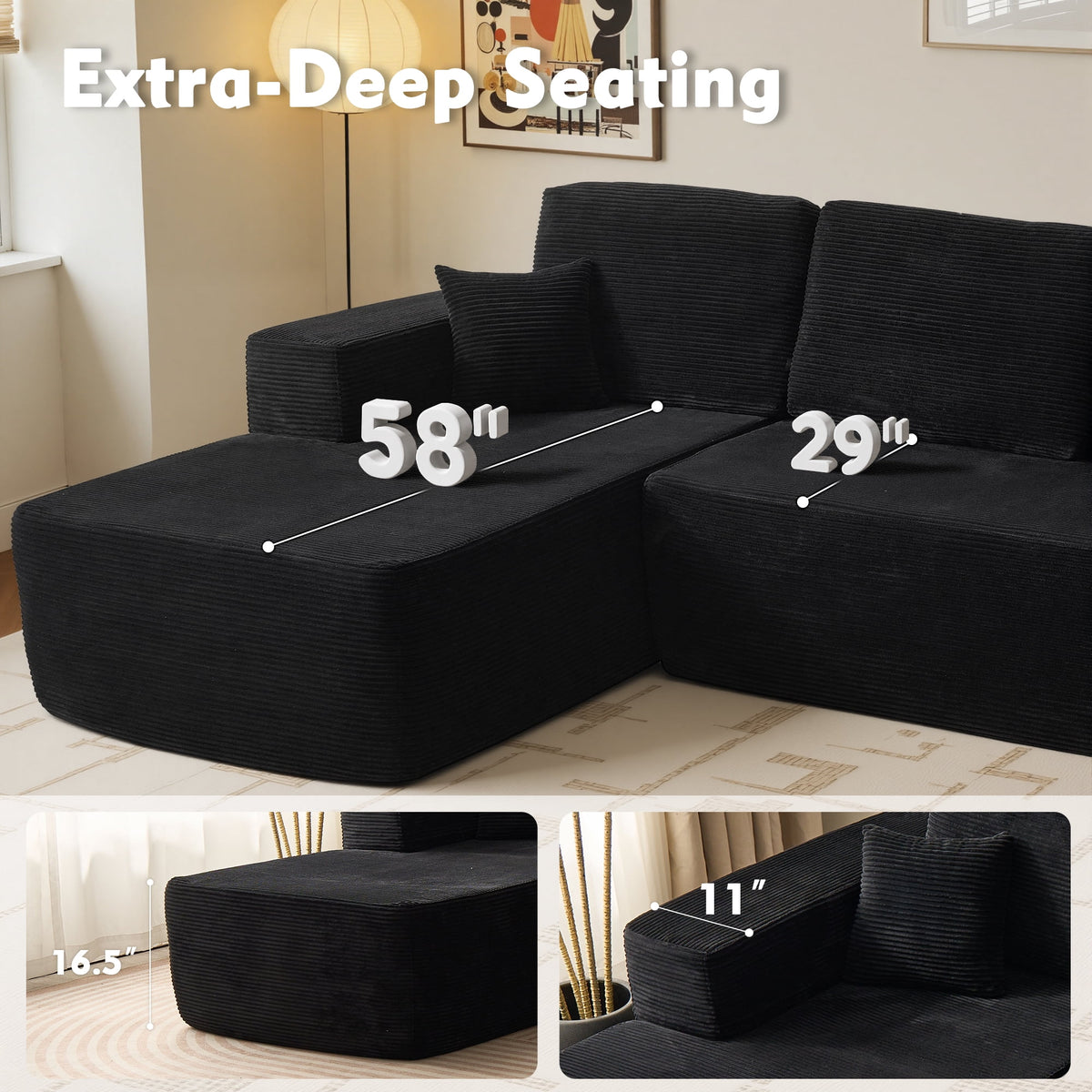  106" Boneless Sectional Couch, Deep Seat Modular L-Shaped Sofa with Chaise for Living Room, Apartment, Black (Corduroy)