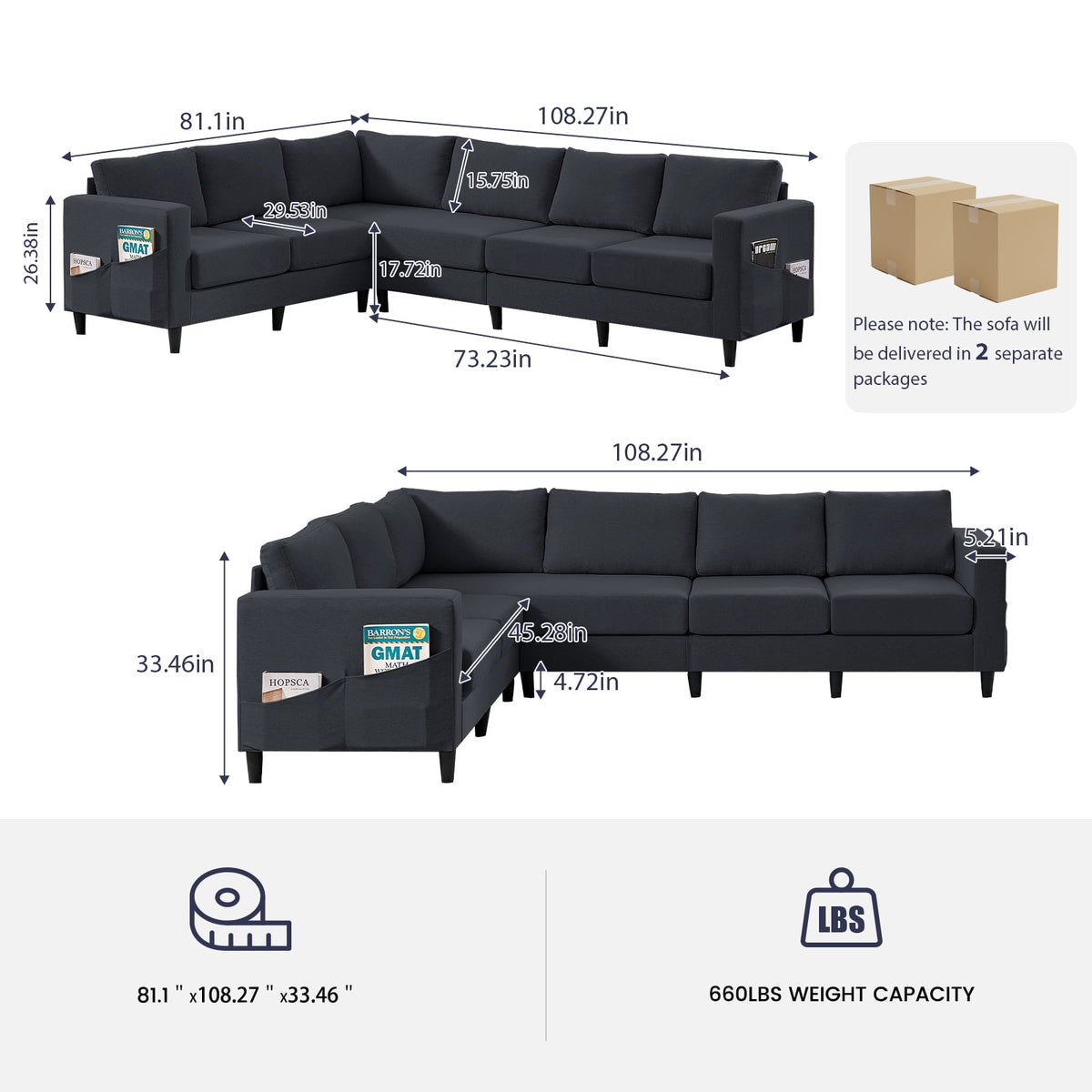 Puremind L Shaped Sofa, Oversized 5 Seat Corner Sofa with Side Pockets, Modern Linen Sectional Couches for Living Room/Apartment, Dark Gray