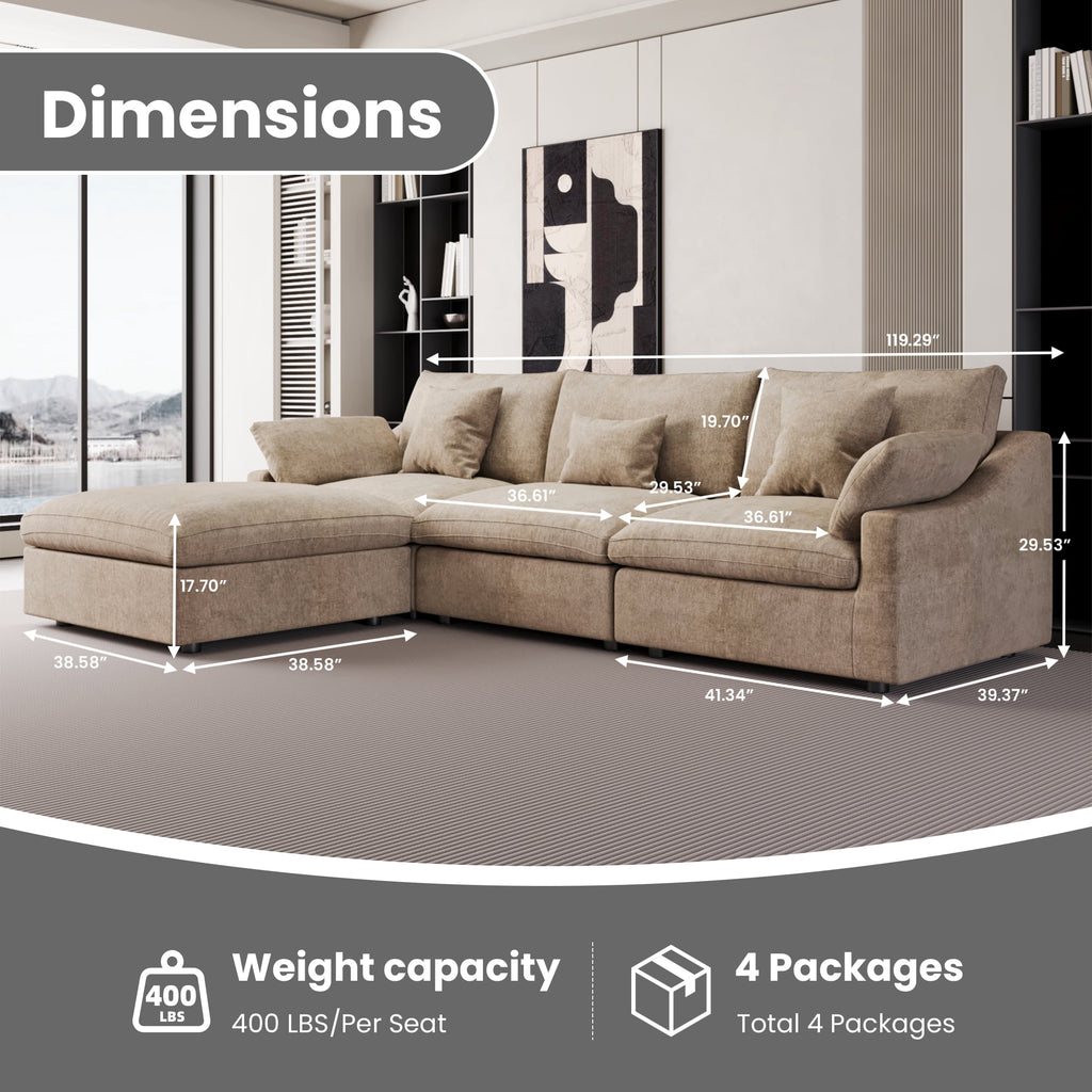 The Magic Home Modular Sofa & Sectional Sofa - L Shaped Deep Seat Cloud Couch in Soft Linen Blend Fabric,Perfect for Apartment & Small Space Living,3-seat Sofa with Ottoman,Khaki Couch