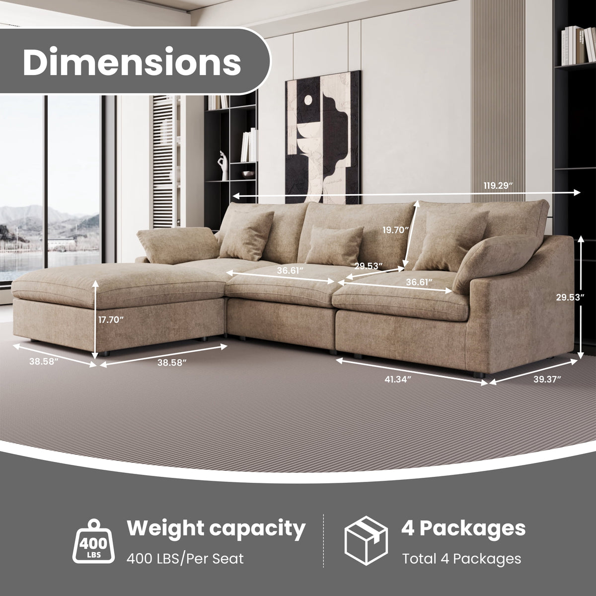 The Magic Home Modular Sofa & Sectional Sofa - L Shaped Deep Seat Cloud Couch in Soft Linen Blend Fabric,Perfect for Apartment & Small Space Living,3-seat Sofa with Ottoman,Khaki Couch