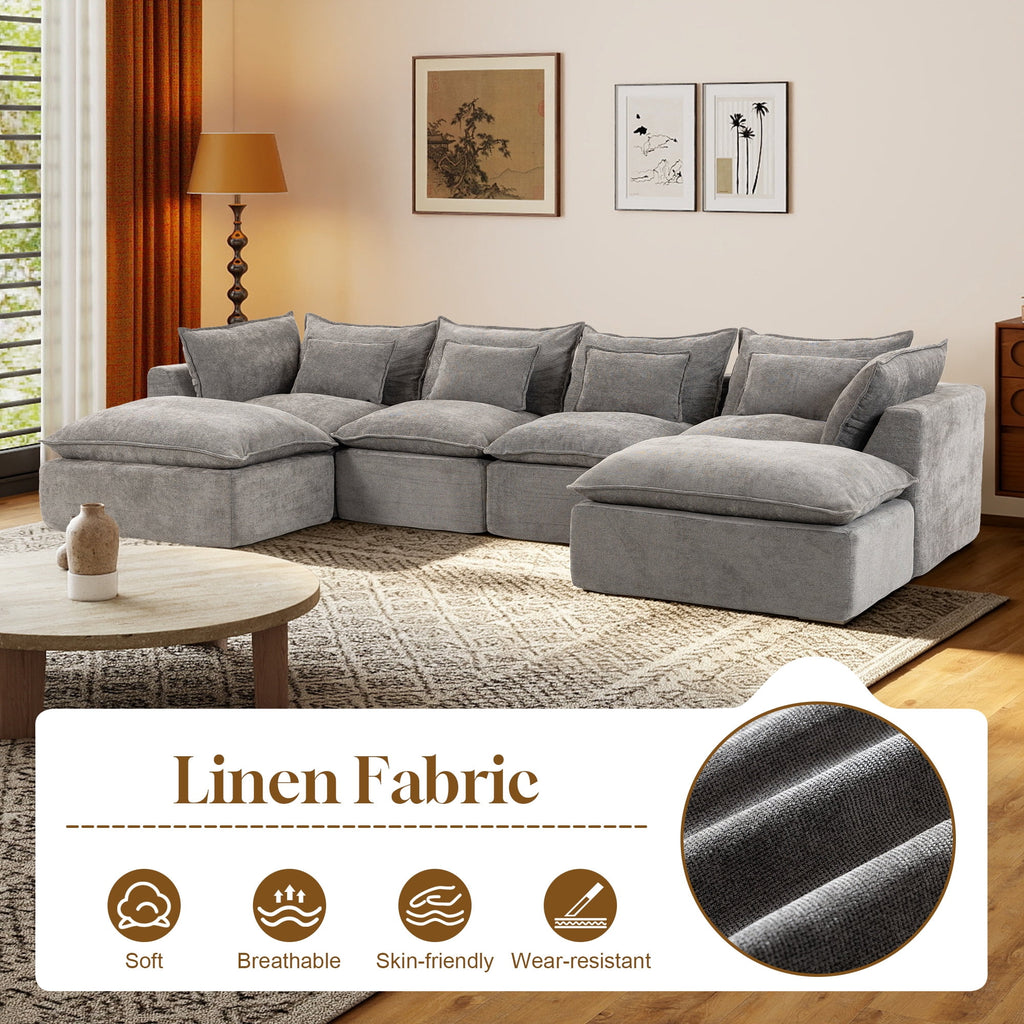 Timbernest 130" Sectional Couch, Boneless Cloud Sofa, No Assembly Required Modular U-shaped Couch for Living Room, 4 Seater, Gray