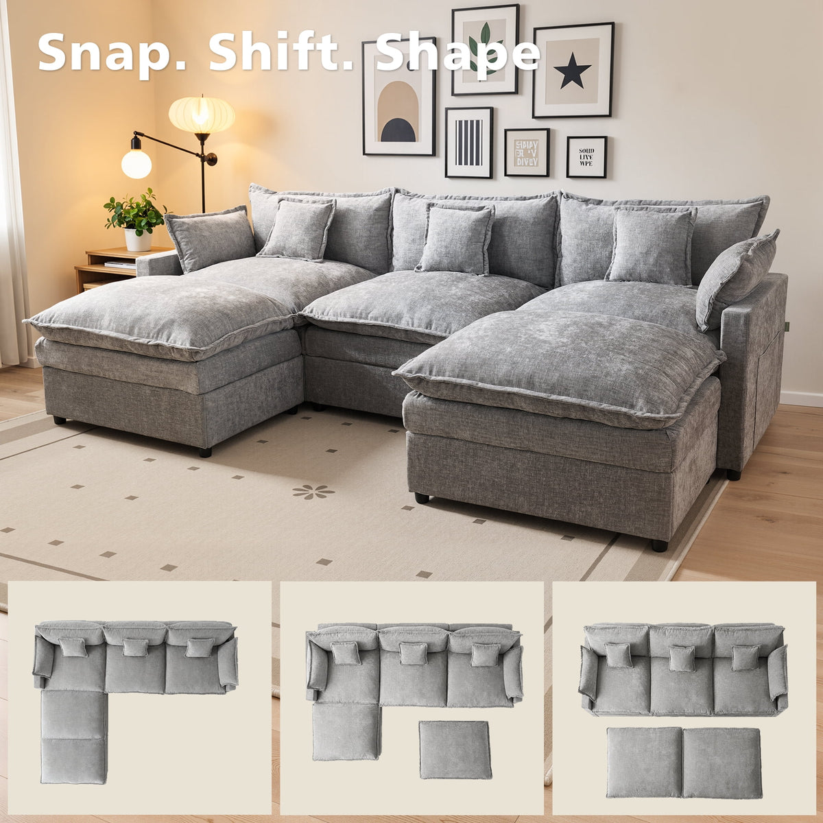  108" Modular Sofa U-Shaped Cloud Sectional Couch with 2 Ottomans, Comfy Deep Seat Chenille Sofa for Living Room, Apartment, Gray