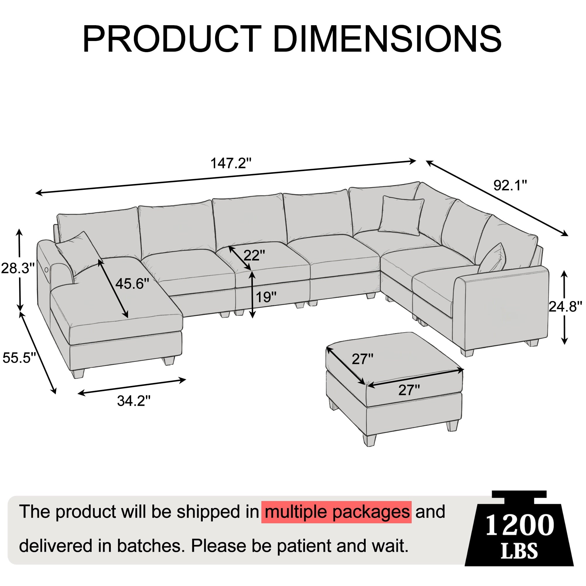 ZX Design 147.2" Sectional Cloud Couch L-Shaped Modular Chenille Sofa, 7-Seater Deep Seat Chaise with Storage Ottoman & USB Ports for Living Room