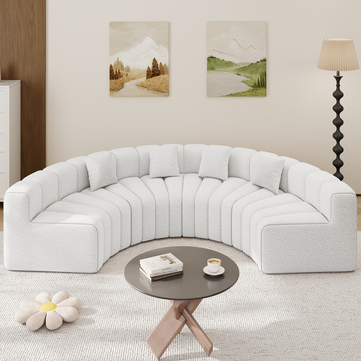 Daluvenix Oversized Round Sectional Sofa, 8 Seater Modern Curved Velvet Modular Couch, Boneless Cloud Sofa for Living Room, No Assembly Required, White