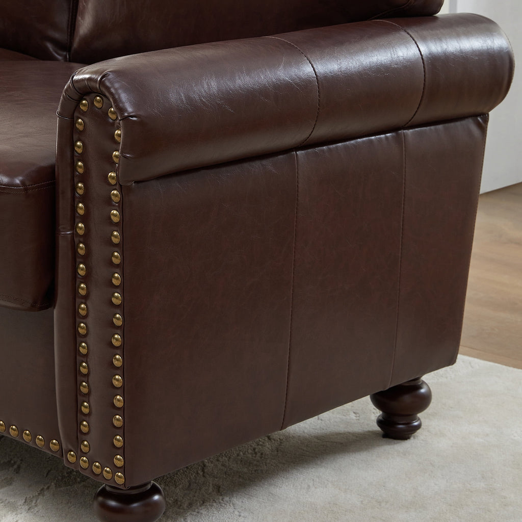 LeChapitre Faux Leather Sofa with Storage Seats, Classic 3-Seater Couch with Nailhead Trim (Dark Brown)