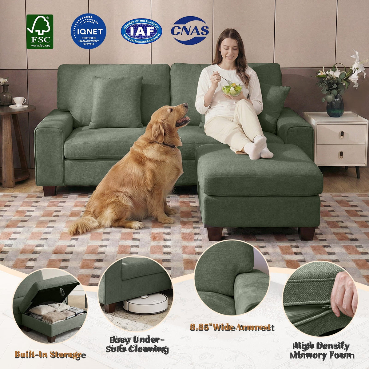 Poshby 88.58''W Sectional Sofa 3 Seater Couch with Chenille, Modern Square Arm for Living Room, Light Green