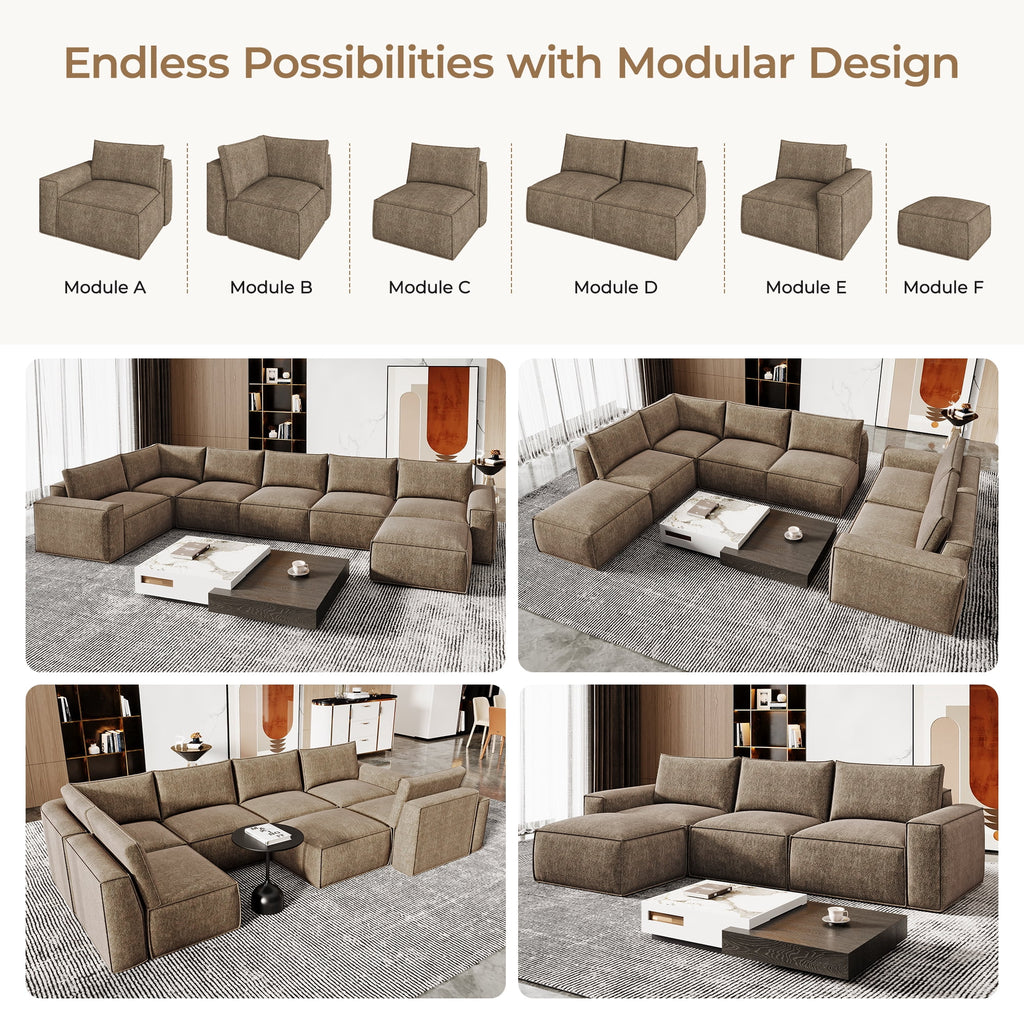175" Oversized Boneless Couch for Living Room, Modern Modular Sectional, Convertible, U Shaped, Deep Seat, Big Comfy Sofa Set with Ottoman,Brown