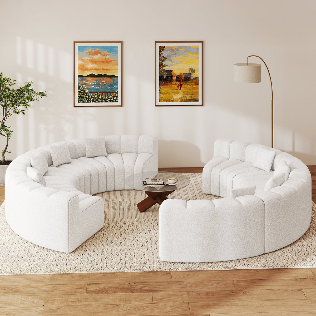 Daluvenix Oversized Round Sectional Sofa, 8 Seater Modern Curved Velvet Modular Couch, Boneless Cloud Sofa for Living Room, No Assembly Required, White