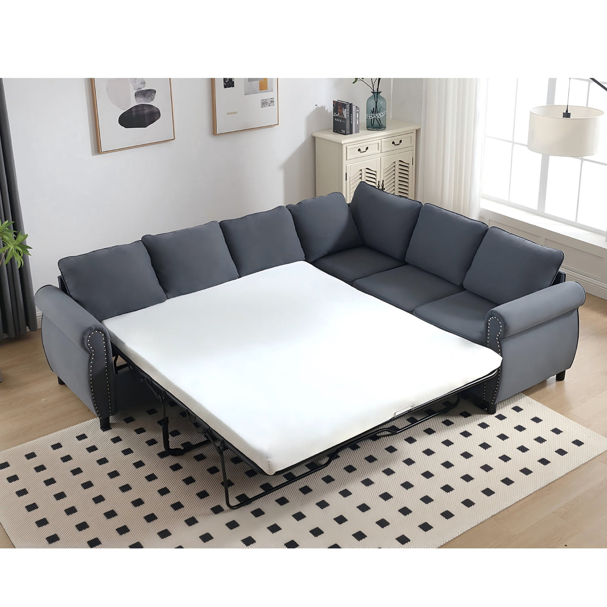  Sectional Sofa, Pull Out Sofa Bed Queen Size, 6 Seat Sofa Couch Convertible Sleeper Sofa Bed for Living Room Gray