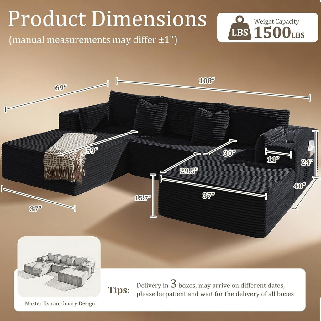 Rwcoet 108"Modular Cloud Sectional Sofa with Chaise,Extra Deep Seat Corduroy Couch,Memory Foam,No Assembly,Living Room & Apartment,Black