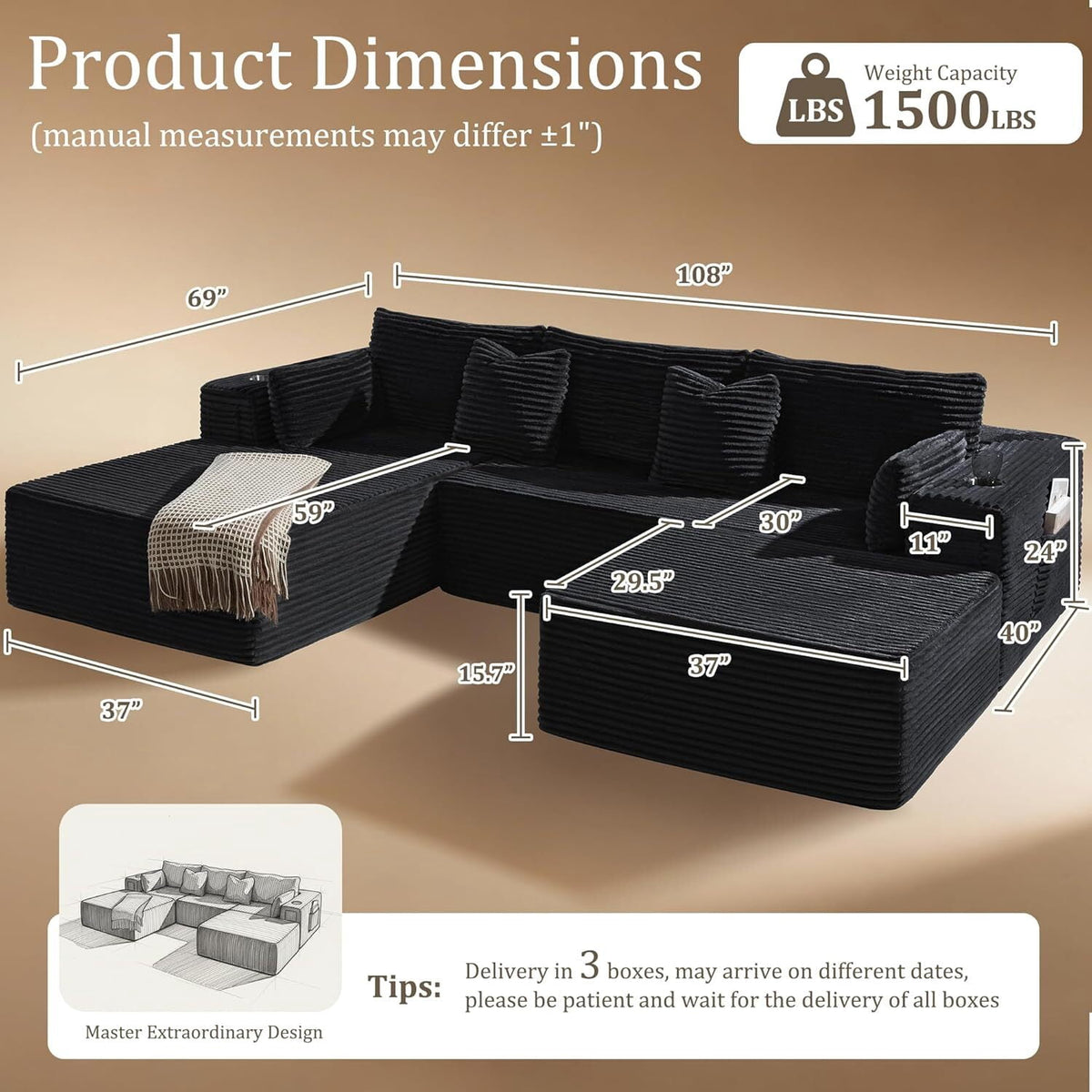 Rwcoet 108"Modular Cloud Sectional Sofa with Chaise,Extra Deep Seat Corduroy Couch,Memory Foam,No Assembly,Living Room & Apartment,Black