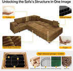 Sectional Sleeper Sofa with Pull Out Bed,110" L-Shaped Modular 6-Seater Cloud Sectional Couch,Convertible Corduroy Sofa for Living Room,Ottoman with USB Charging Ports & Cup Holders,Camel