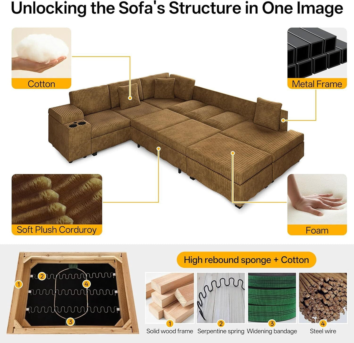 Sectional Sleeper Sofa with Pull Out Bed,110" L-Shaped Modular 6-Seater Cloud Sectional Couch,Convertible Corduroy Sofa for Living Room,Ottoman with USB Charging Ports & Cup Holders,Camel