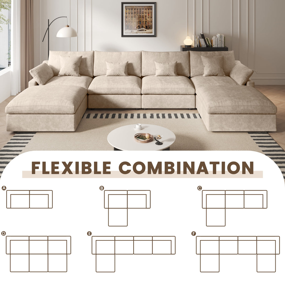 Sdorens 120" Modular Sectional Sofa,Comfy Cloud Couch with Movable Ottoman Deep Seat Chenille L Shaped Modular Sofa,Sectional Couches for Living Room,Bedroom and Apartment,Khaki