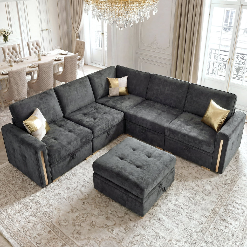 Advwin 126" U-Shaped Oversized Modular Sectional Sofa with Ottoman, Storage Under Each Seat & Gold Metal Accents, 5-Seater Modern Luxury Chenille Convertible Cloud Couch for Living Room, Dark Gray
