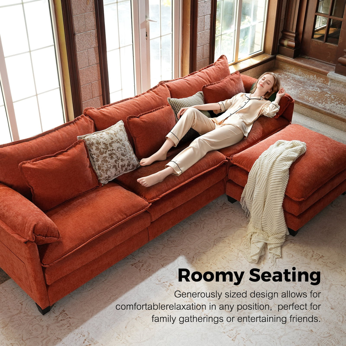 WACASA 120" Oversized Modular Sectional Sofa, 3-Seater Chenille Deep Seat Modern Sofa Couch for Living Room, Terracotta Orange