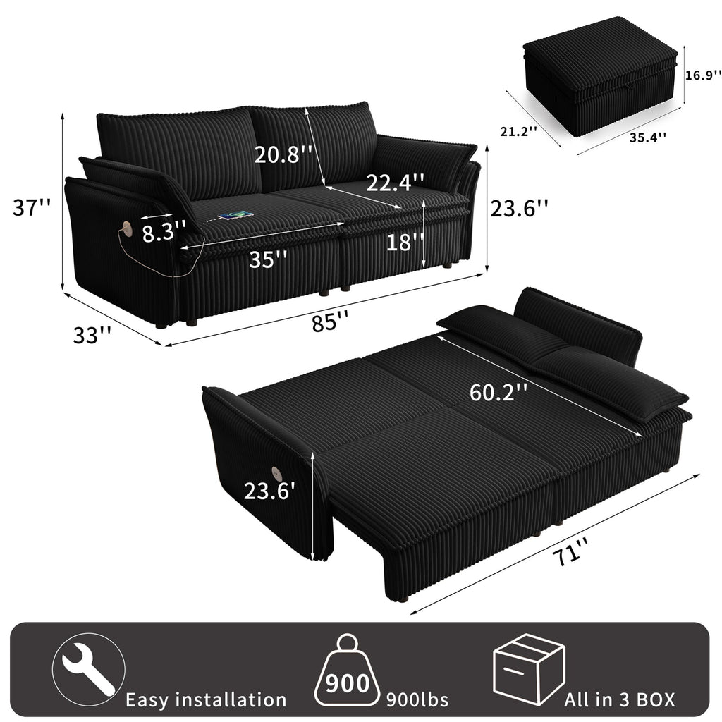  Pull Out Sofa Bed Queen Size, 85" Loveseat Sofa with Movable Ottoman, USB Charging Port, Corduroy Sofa Couch Convertible Sofa Bed for Living Room Black